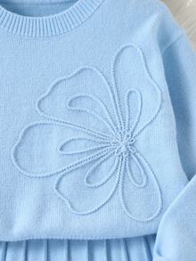 Tween Girls Sweater Co-Ords Coffee Color Special Embroidery Round Neck Pullover With Pleated Skirt - Blue - View 2