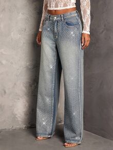 SHEIN Tall 女款水鑽裝飾口袋寬腿寬鬆休閒百搭牛仔褲 - 藍色 - 查看 5