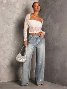 SHEIN Tall 女款水鑽裝飾口袋寬腿寬鬆休閒百搭牛仔褲 - 藍色 - 查看 6