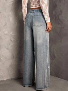 SHEIN Tall 女款水鑽裝飾口袋寬腿寬鬆休閒百搭牛仔褲 - 藍色 - 查看 3
