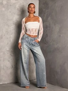 SHEIN Tall 女款水鑽裝飾口袋寬腿寬鬆休閒百搭牛仔褲 - 藍色 - 查看 4