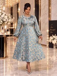 Fleurora Plus Size Women's Jacquard 3D Floral Decor Lantern Sleeve Elegant Dress Fall - Blue - View 5