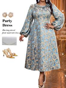 Fleurora Plus Size Women's Jacquard 3D Floral Decor Lantern Sleeve Elegant Dress Fall - Blue - View 6