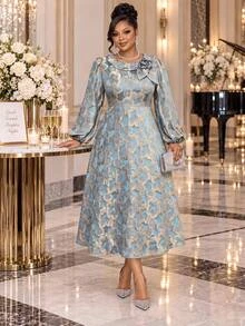 Fleurora Plus Size Women's Jacquard 3D Floral Decor Lantern Sleeve Elegant Dress Fall - Blue - View 3