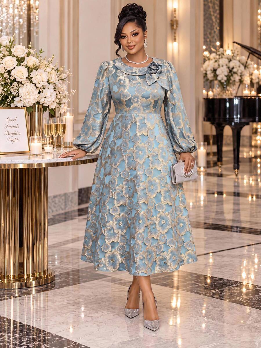 Fleurora Plus Size Women's Jacquard 3D Floral Decor Lantern Sleeve Elegant Dress Fall - Blue - View 1
