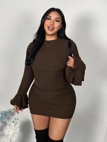 Firerie Dark Brown Plus Size Cinched Waist Ruched Slimming Mini Flared Long Sleeve Skirt Party Going Out Night Autumn Winter High Elastic Sexy Going Out Dress - Brown - View 3