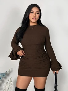 Firerie Dark Brown Plus Size Cinched Waist Ruched Slimming Mini Flared Long Sleeve Skirt Party Going Out Night Autumn Winter High Elastic Sexy Going Out Dress - Brown - View 5