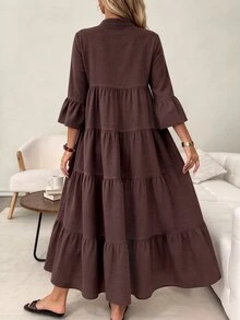 SHEIN LUNE 休閒女款棕色蛋糕長袖洋裝，秋季女裝，適合外出、派對，優雅長款派對洋裝，棕色洋裝 - 棕色 - 查看 2