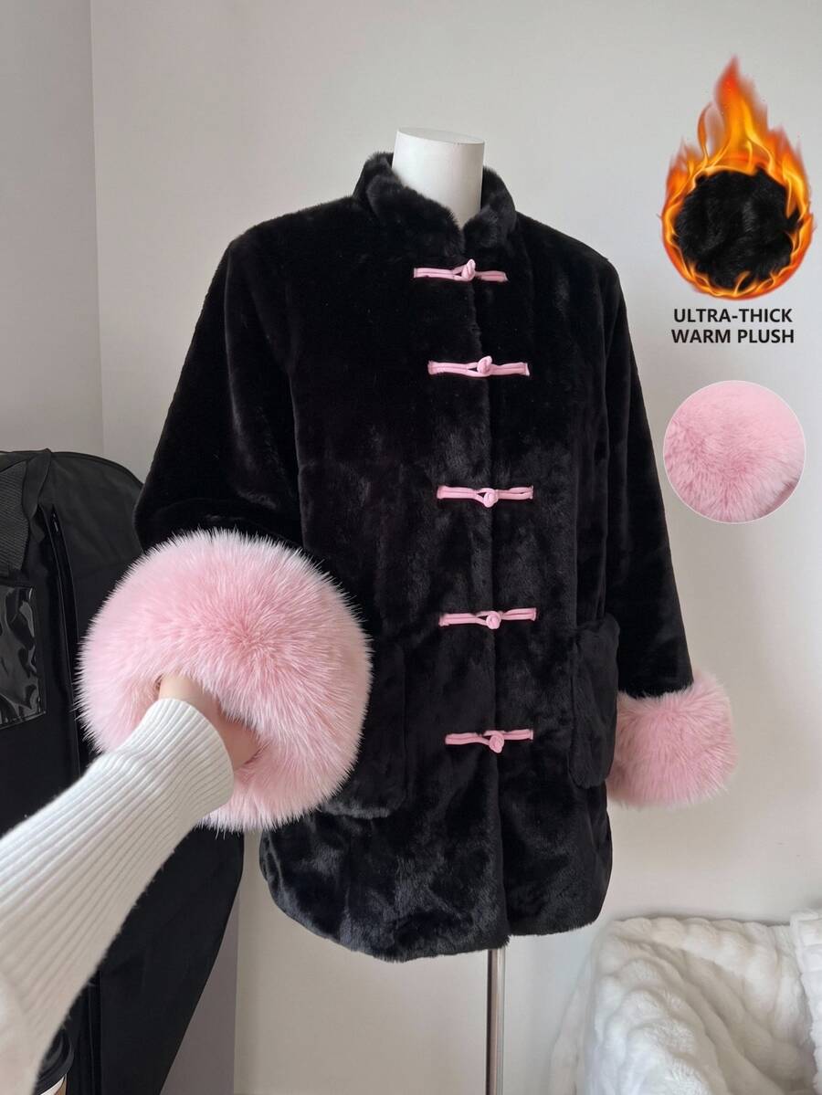 Reflora Plus Size Black Pink Contrast Color Frog Button Fur Coat, Autumn/Winter Wedding Guest Formal Evening Elegant Formal Tailored New Year Looks Cute - Black - View 1