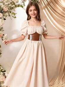 SHEIN 少女優雅方領泡泡袖高腰繫帶荷葉邊A字長洋裝 - 杏色 - 查看 2