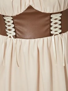 SHEIN 少女優雅方領泡泡袖高腰繫帶荷葉邊A字長洋裝 - 杏色 - 查看 4
