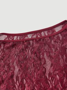 SHEIN MOD 2pcs Sheer Lace Long Sleeve T-Shirts Night Out Going Out Black Floral Burgundy Autumn Sexy - Burgundy - View 3