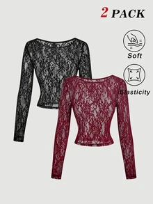 SHEIN MOD 2pcs Sheer Lace Long Sleeve T-Shirts Night Out Going Out Black Floral Burgundy Autumn Sexy - Burgundy - View 2