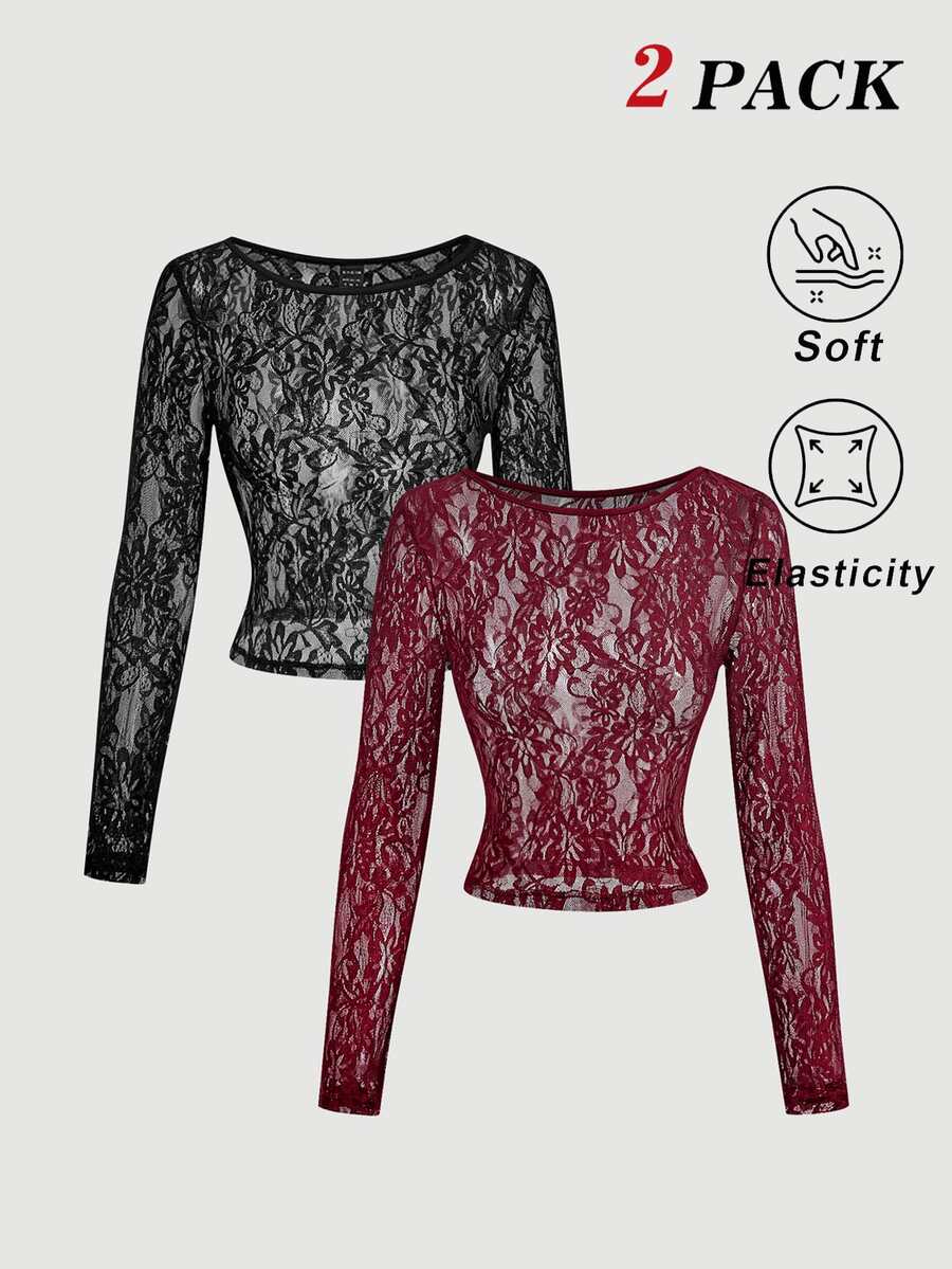 SHEIN MOD 2pcs Sheer Lace Long Sleeve T-Shirts Night Out Going Out Black Floral Burgundy Autumn Sexy - Burgundy - View 1