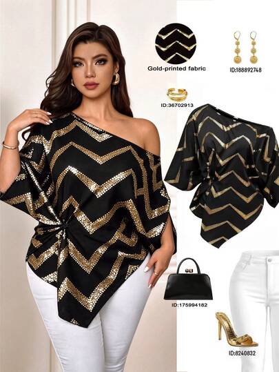 Femmeverse Blusa para mujer talla grande, elegante y minimalista, de corte holgado, favorecedora y versátil, estilo lujoso, para cóctel, con bajo asimétrico, manga asimétrica y diseño de cuello asimétrico