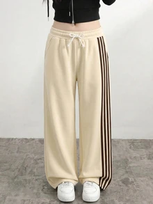 SHEIN Celana Sweatpants Model Lebar dengan Motif Garis-garis Cokelat Kuning Krem Polos untuk Remaja Perempuan, Streetwear - Kuning - View 8