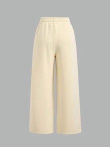 SHEIN Celana Sweatpants Model Lebar dengan Motif Garis-garis Cokelat Kuning Krem Polos untuk Remaja Perempuan, Streetwear - Kuning - View 3