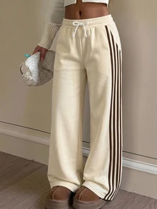 SHEIN Celana Sweatpants Model Lebar dengan Motif Garis-garis Cokelat Kuning Krem Polos untuk Remaja Perempuan, Streetwear - Kuning - View 1