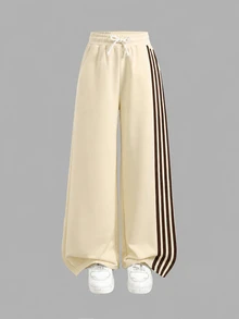SHEIN Celana Sweatpants Model Lebar dengan Motif Garis-garis Cokelat Kuning Krem Polos untuk Remaja Perempuan, Streetwear - Kuning - View 2
