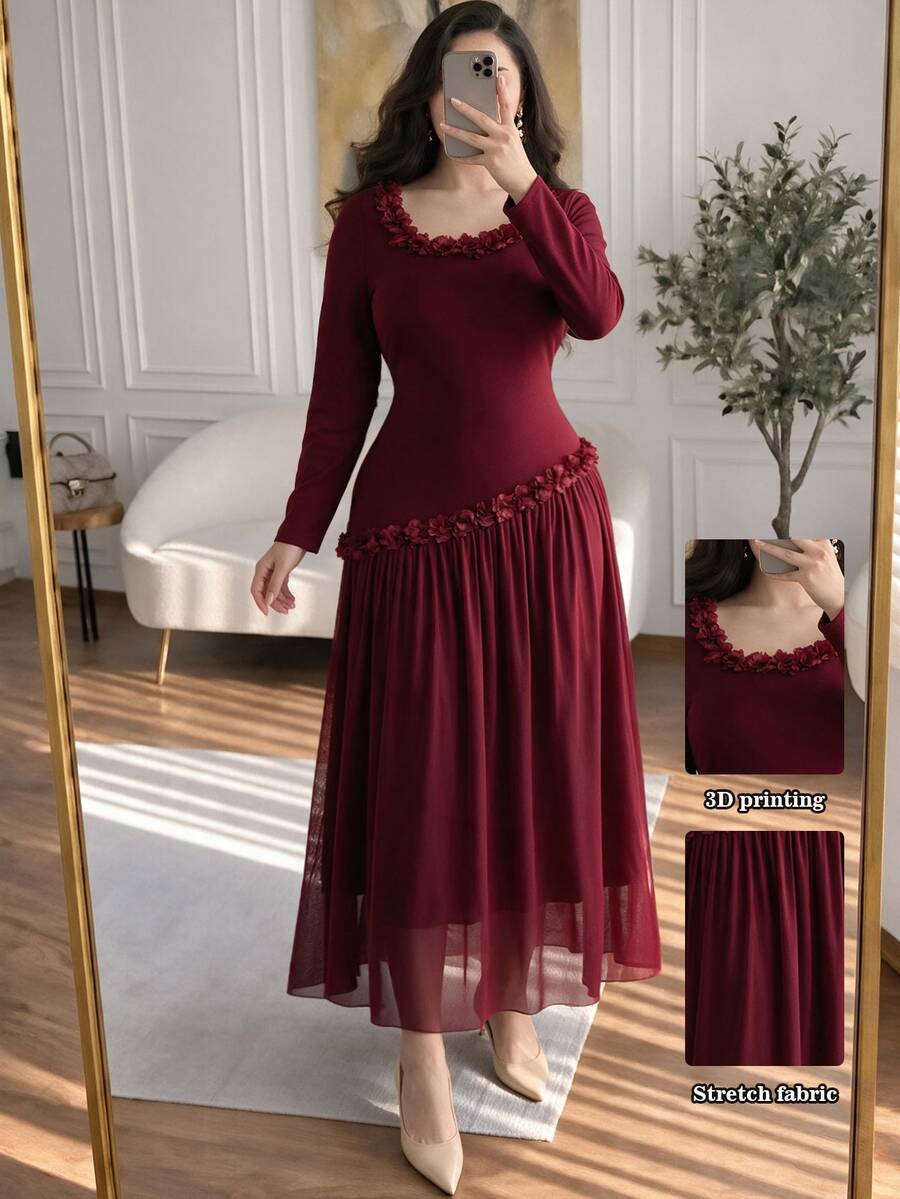 Modelyn Women's Elegant Formal Celebration Floral Square Neckline Decor Fitted Plus Size Long Sleeve Dress Wedding Dinner Theme Party Burgundy Fall Christmas - Burgundy - View 1
