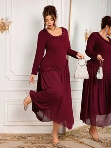 Modelyn Women's Elegant Formal Celebration Floral Square Neckline Decor Fitted Plus Size Long Sleeve Dress Wedding Dinner Theme Party Burgundy Fall Christmas - Burgundy - View 6