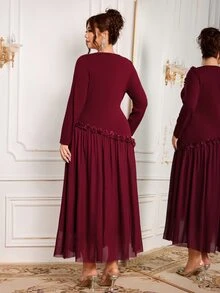 Modelyn Women's Elegant Formal Celebration Floral Square Neckline Decor Fitted Plus Size Long Sleeve Dress Wedding Dinner Theme Party Burgundy Fall Christmas - Burgundy - View 2