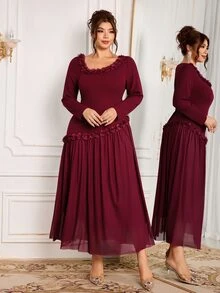 Modelyn Women's Elegant Formal Celebration Floral Square Neckline Decor Fitted Plus Size Long Sleeve Dress Wedding Dinner Theme Party Burgundy Fall Christmas - Burgundy - View 4