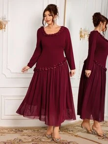 Modelyn Women's Elegant Formal Celebration Floral Square Neckline Decor Fitted Plus Size Long Sleeve Dress Wedding Dinner Theme Party Burgundy Fall Christmas - Burgundy - View 3