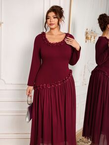 Modelyn Women's Elegant Formal Celebration Floral Square Neckline Decor Fitted Plus Size Long Sleeve Dress Wedding Dinner Theme Party Burgundy Fall Christmas - Burgundy - View 7