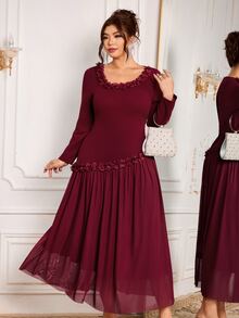 Modelyn Women's Elegant Formal Celebration Floral Square Neckline Decor Fitted Plus Size Long Sleeve Dress Wedding Dinner Theme Party Burgundy Fall Christmas - Burgundy - View 5
