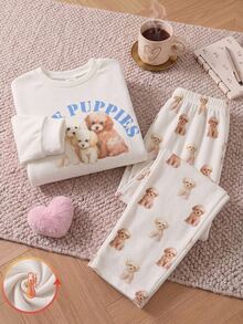 Tween Girl/Girls Cute Puppy Print Fitted Pajama Set, Long Sleeve Crew Neck Top And Puppy All-Over Print Pants 2-Piece Pajama Set, Suitable For Outdoor Wear - Apricot - View 2