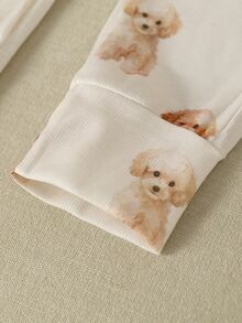 Tween Girl/Girls Cute Puppy Print Fitted Pajama Set, Long Sleeve Crew Neck Top And Puppy All-Over Print Pants 2-Piece Pajama Set, Suitable For Outdoor Wear - Apricot - View 5