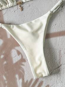 SHEIN Swim Springbreak Women's Solid Color Halter Metal Pendant Swimwear, Sexy Thong Bikini Set - Beige - View 7