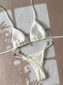 SHEIN Swim Springbreak Women's Solid Color Halter Metal Pendant Swimwear, Sexy Thong Bikini Set - Beige - View 2