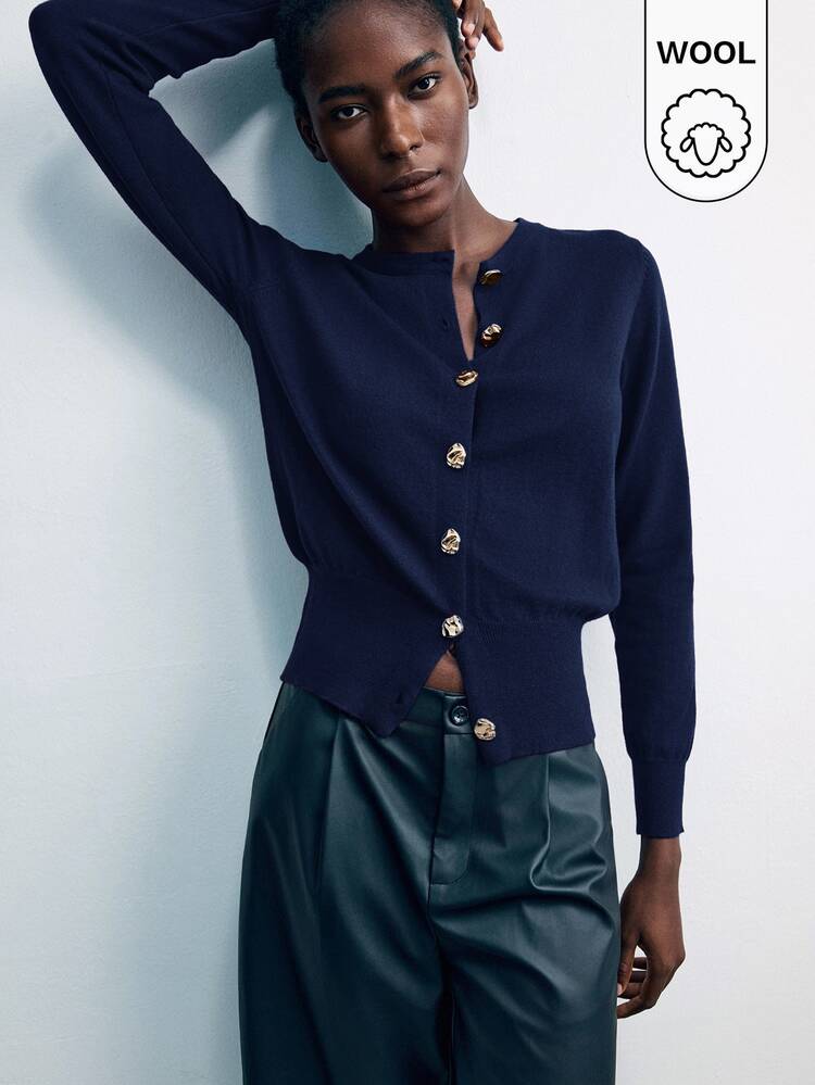 Maija Women's Navy Blue Cardigan,Loose Knit Wool Top With Metal Button Decor,Elegant Office Fashion,Autumn Business Casual Minimalist Urban Commute Style - Royal Blue - View 5