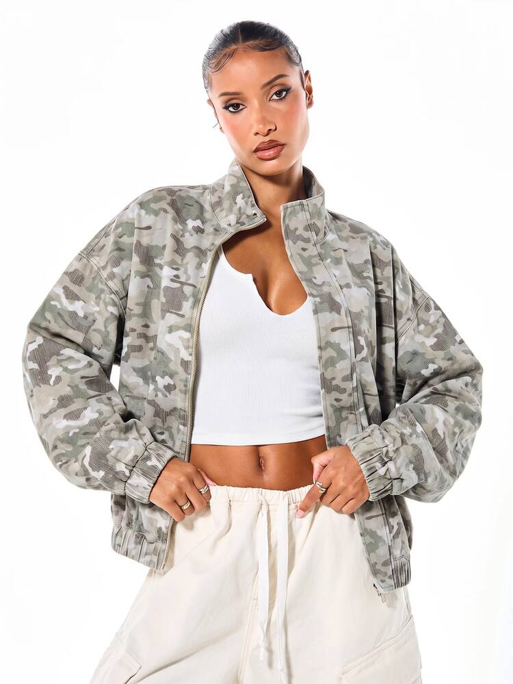 SUMWON WOMEN Oversized Camo Print Bomber Jacket With Zip Closure Stand Collar Elasticated Hem And Cuffs Fall Winter Outerwear - Khaki - View 1