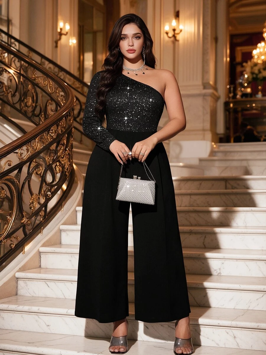 Auvina Versatile Premium Gold Foil Knit Fabric Plus Size Women's Jumpsuit Fall - Black - View 1