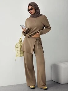 Celisse Women's Solid Color Long Sleeve Half-Zip Sweatshirt And Side Knot Waist Pants Casual Sports Set - Brown - View 5