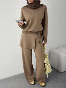 Celisse Women's Solid Color Long Sleeve Half-Zip Sweatshirt And Side Knot Waist Pants Casual Sports Set - Brown - View 3