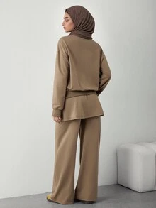 Celisse Women's Solid Color Long Sleeve Half-Zip Sweatshirt And Side Knot Waist Pants Casual Sports Set - Brown - View 2