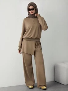 Celisse Women's Solid Color Long Sleeve Half-Zip Sweatshirt And Side Knot Waist Pants Casual Sports Set - Brown - View 4