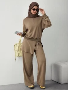 Celisse Women's Solid Color Long Sleeve Half-Zip Sweatshirt And Side Knot Waist Pants Casual Sports Set - Brown - View 8