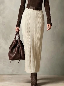 SHEIN تنورة محبوكة بكابلات صلبة بيج خريفية كاجوال للبرانش - أبيض - مشاهدة 1
