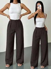 SHEIN PETITE Brown Striped Loose-Fit Trousers For Petite Women – Casual Workwear - Rust Brown - View 4