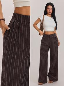 SHEIN PETITE Brown Striped Loose-Fit Trousers For Petite Women – Casual Workwear - Rust Brown - View 1