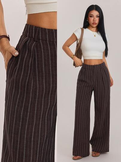 SHEIN PETITE Brown Striped Loose-Fit Trousers For Petite Women – Casual Workwear