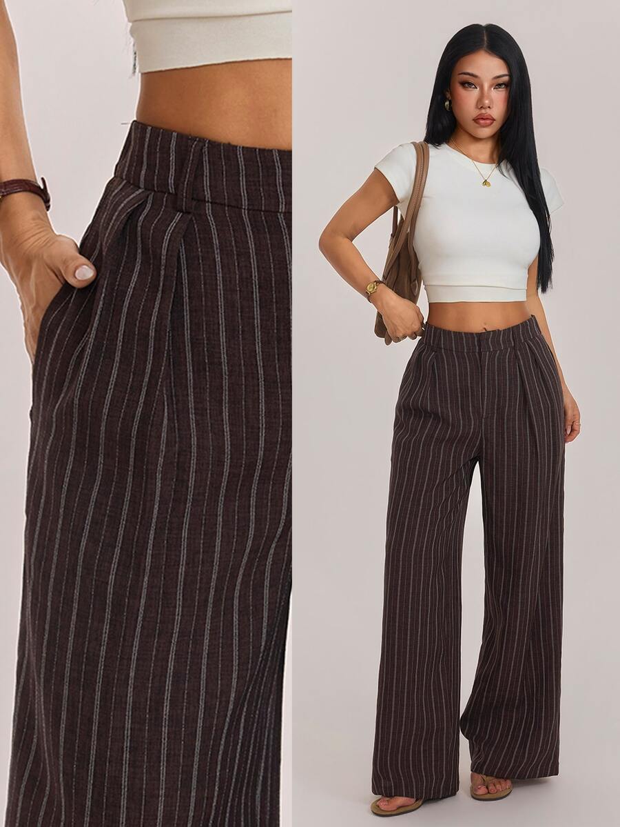 SHEIN PETITE Brown Striped Loose-Fit Trousers For Petite Women – Casual Workwear - Rust Brown - View 1