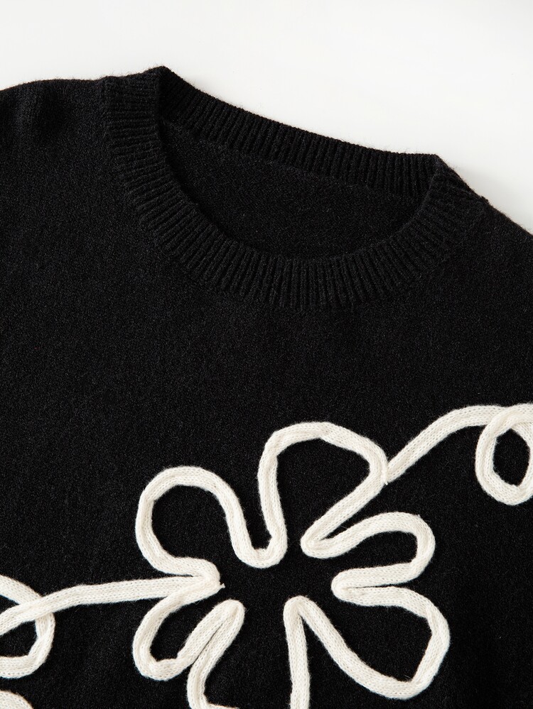 SHEIN Clasi Plus Size Women's Autumn/Winter Floral Embroidered Crew Neck Long Sleeve Casual Sweater - Black - View 5