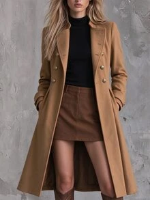 SHEIN Áo khoác len dài nữ thời trang mùa thu đông phong cách tối giản thanh lịch đi làm - Màu Khaki - Xem 8