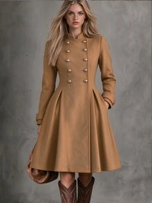 SHEIN Áo khoác len dài nữ thời trang mùa thu đông phong cách tối giản thanh lịch đi làm - Màu Khaki - Xem 1